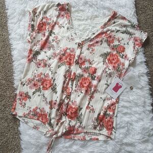 Bobbie Brooks White Crochet Back Tie Front Floral Top Size Large New with tags